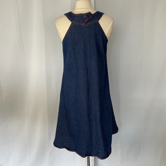 Vintage 70s Dress Size Small Blue Jean Denim Pinafore Trapeze Boho Hippie Retro - Picture 8 of 15